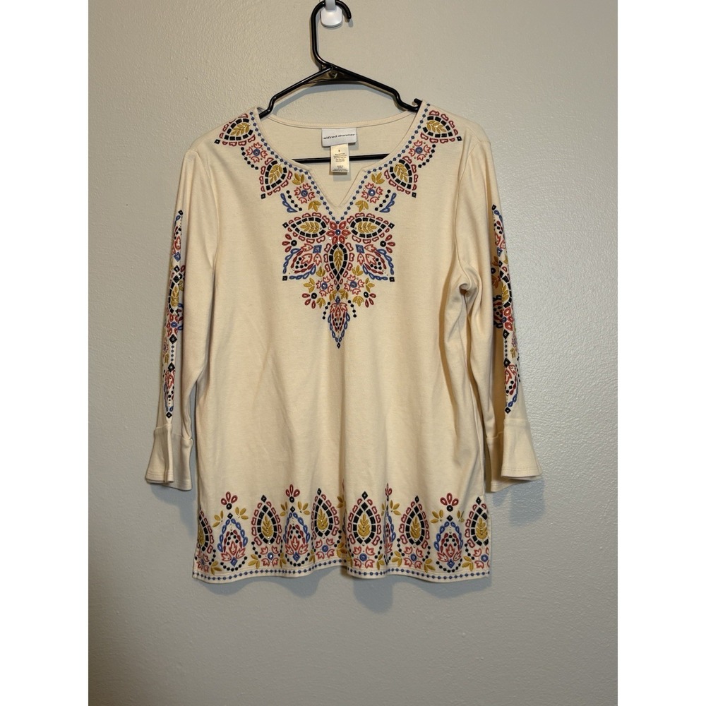 ALFRED DUNNER Top Size S Beige Embroidered Western Y2K V-Neck Flowy Romantic
